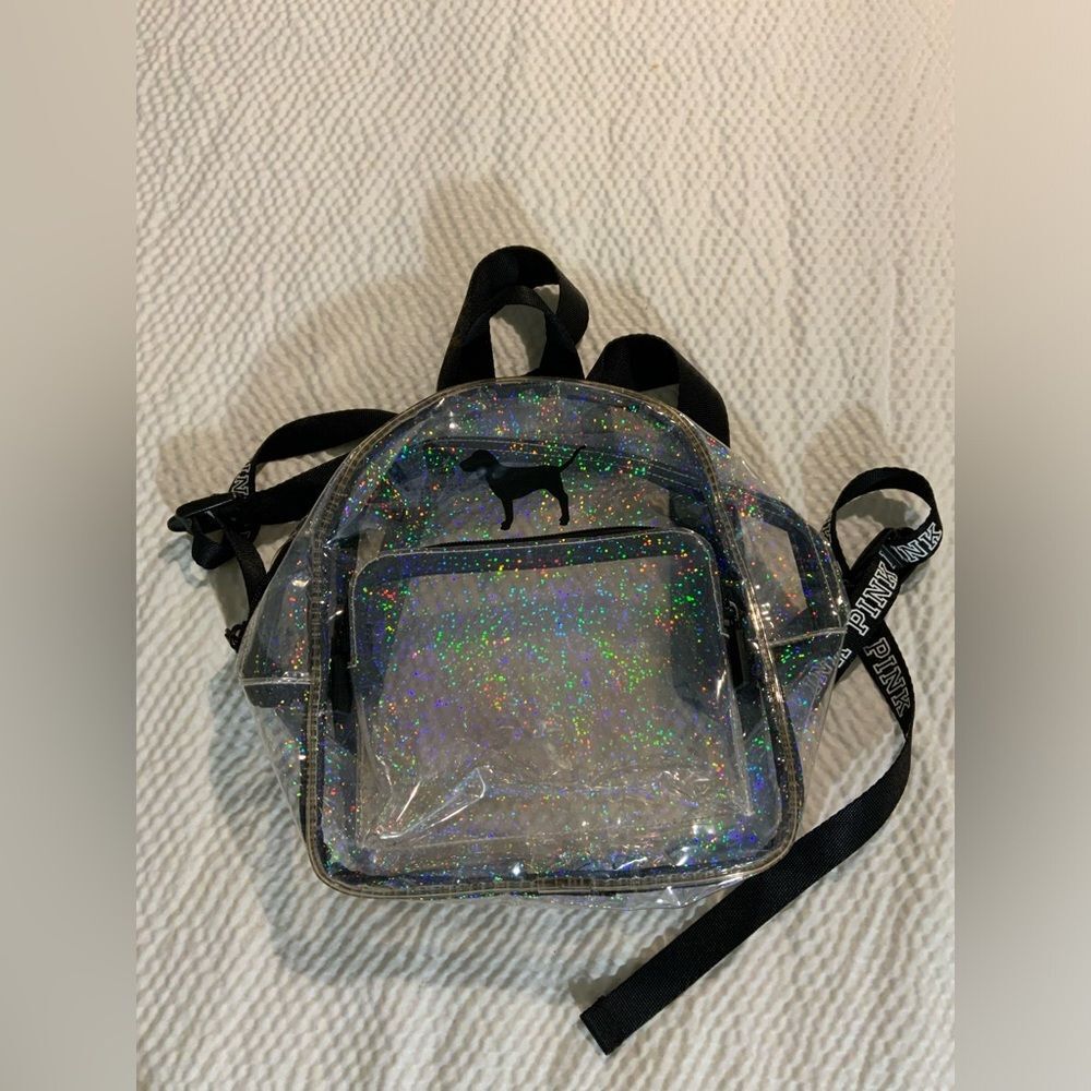 Victoria's Secret PINK Clear Mini Backpack with Dog Logo and Holographic Sparkle